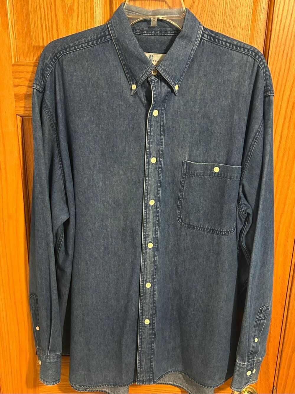 River Trader Vintage Blue Denim Long Sleeve Button Down Shirt Mens L 100% Cotton